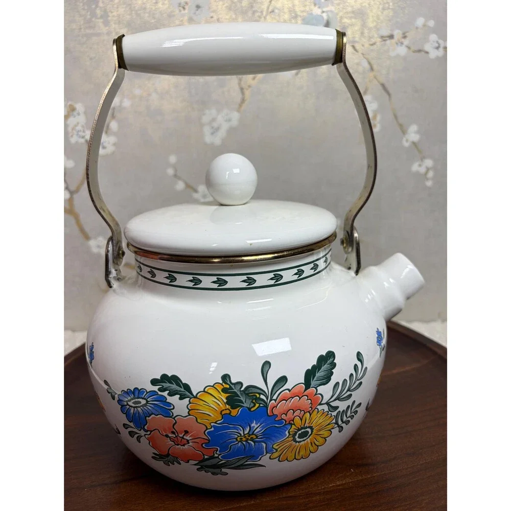 Vintage M Kamenstein Floral Enamel Teakettle White Brass Handle Tea Pot 1983